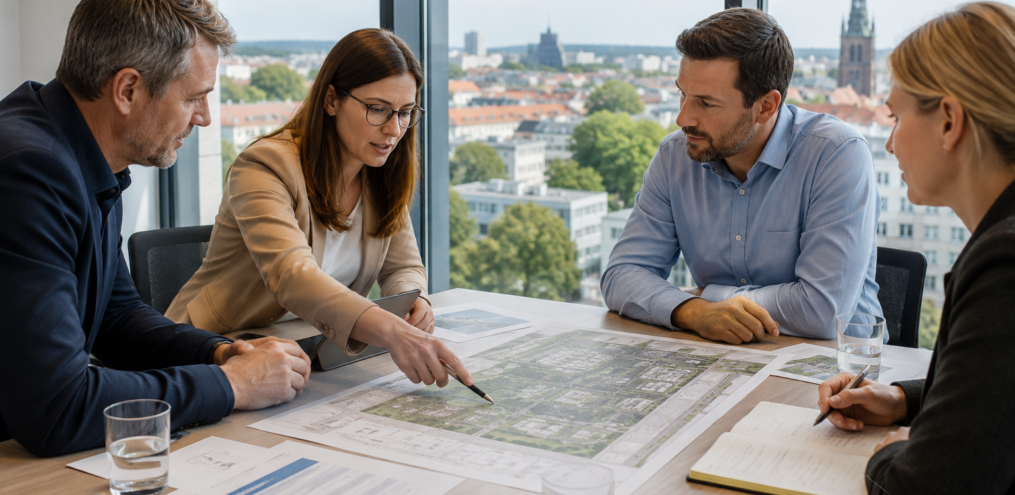 Vier Personen besprechen gemeinsam einen Standortplan für ein Unternehmensvorhaben in Erfurt.
