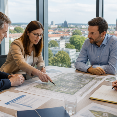 Vier Personen besprechen gemeinsam einen Standortplan für ein Unternehmensvorhaben in Erfurt.