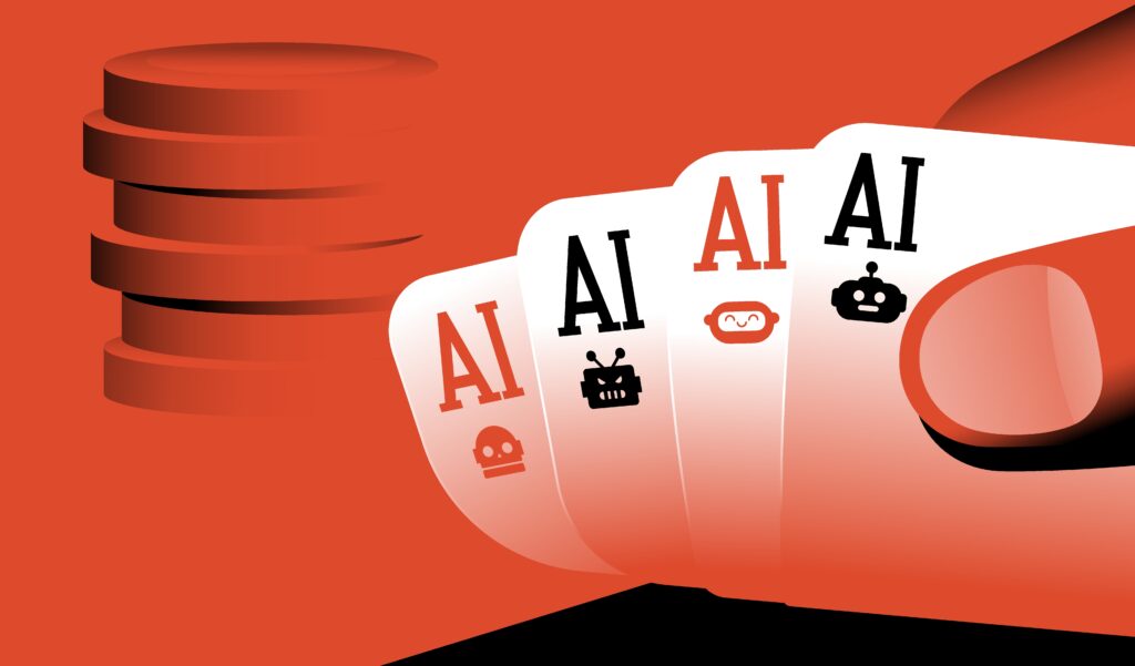 Illustration einer Hand mit mehreren KI-Symbolen als Auswahl verschiedener Anwendungen künstlicher Intelligenz.