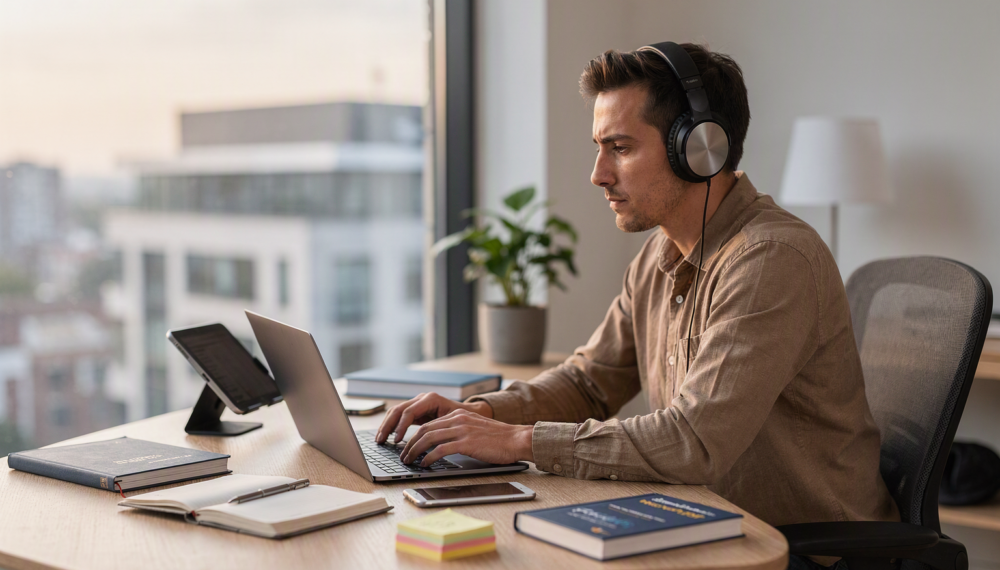 Ein Mann sitzt an einem Laptop und trägt Kopfhörer. Neben ihm liegen Bücher und Arbeitsmaterialien.