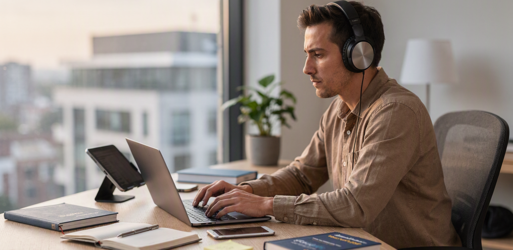 Ein Mann sitzt an einem Laptop und trägt Kopfhörer. Neben ihm liegen Bücher und Arbeitsmaterialien.