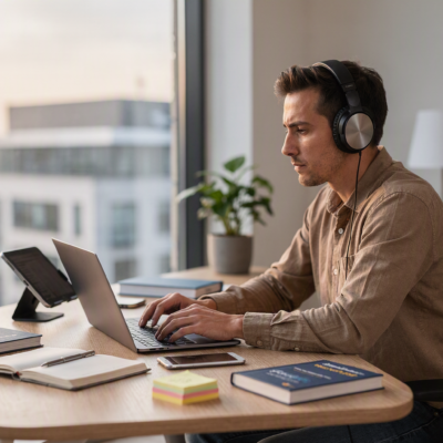 Ein Mann sitzt an einem Laptop und trägt Kopfhörer. Neben ihm liegen Bücher und Arbeitsmaterialien.