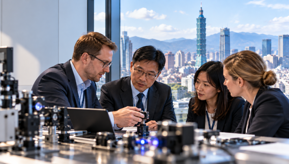 Deutsch-taiwanisches Fachgespräch zu Photonik und Präzisionstechnik vor der Skyline von Taipeh