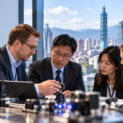 Deutsch-taiwanisches Fachgespräch zu Photonik und Präzisionstechnik vor der Skyline von Taipeh